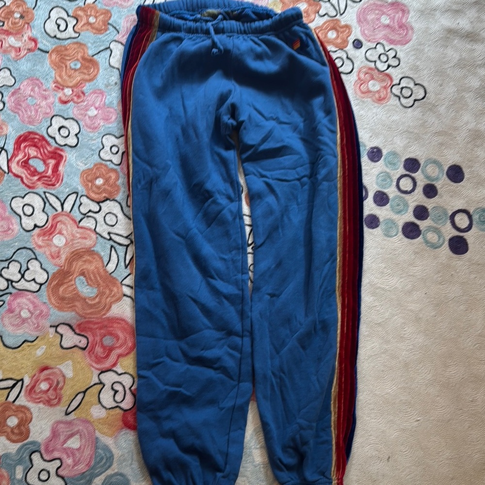 Blue aviator nation sweatpants with colored velvet Stripe size large